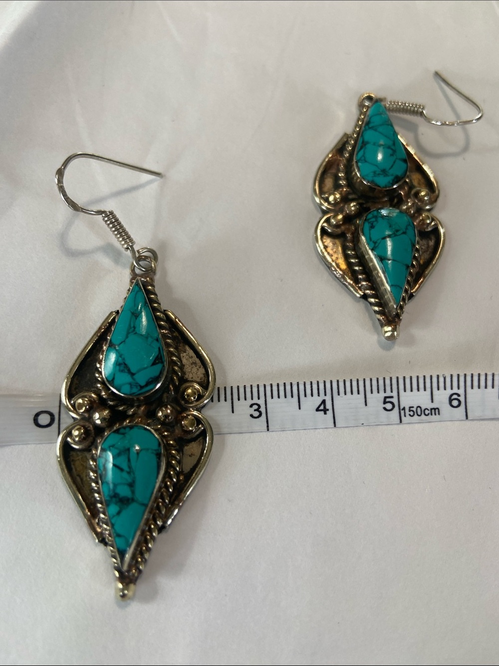 Tibetan Turquoise Teardrop Earrings in 925 Sterling Silver. - Picture 9 of 15